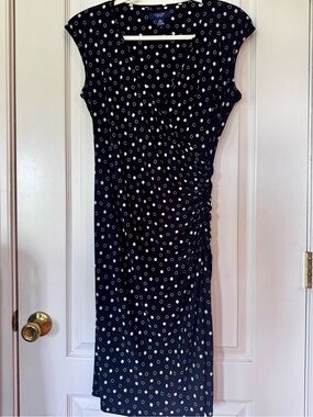 Chaps Black Dress with White Polka Dots and Side Ruching